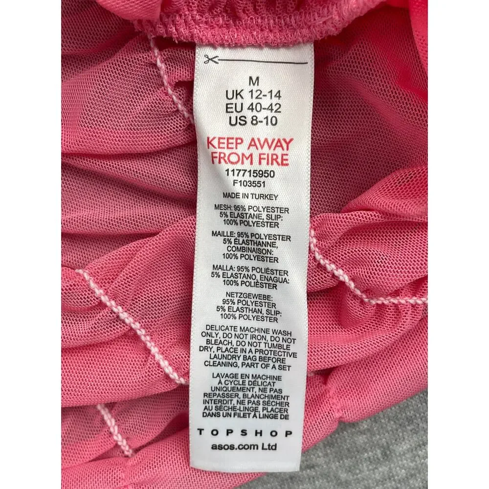 TOPSHOP Dress Size M 8/10 Hot Pink Sheer Layered Mesh Mini Ruched Long Sleeve